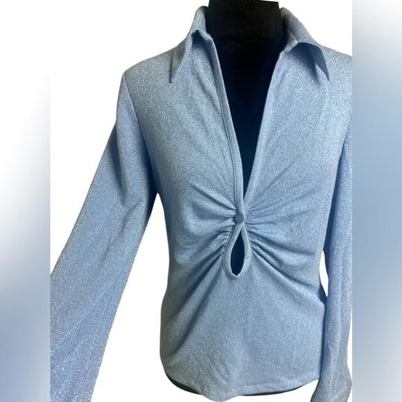 Brand: Zara, size: L, stretch blouse, shiny blue color. - Picture 6 of 9